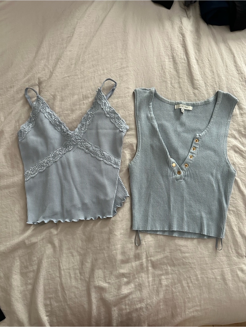 Adore Light Blue Ribbed Lace Cami & Button Tank Set